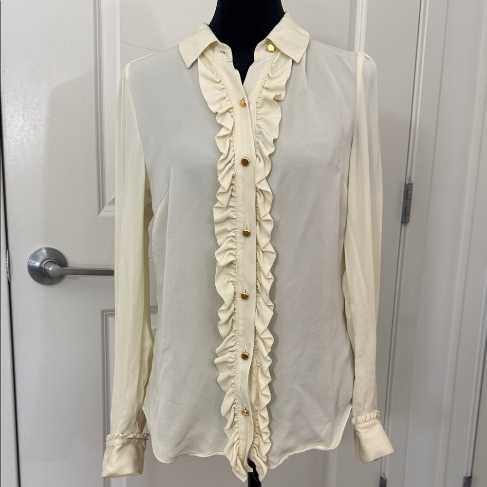 Michael Kors Ivory Ruffle Front Blouse – Gold Buttons – Size 6
